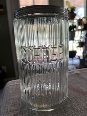 Vintage Hoosier Ribbed Glass COFFEE Canister Jar Metal Screw Lid